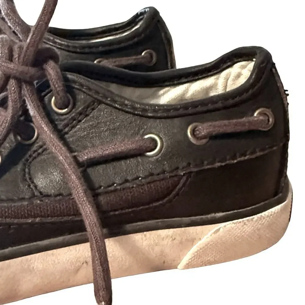 Polo Ralph Lauren Boys Leather & Canvas Dark Brown Boat Shoes Preppy Lace Up 9.5
